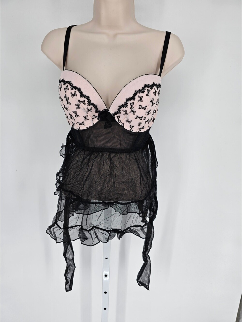 Victorias Secret Womens Sz 36D Babydoll Nightie Sheer Black Mesh Light Pink